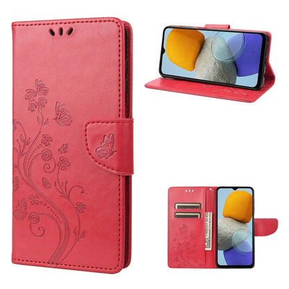 Flip leather phone case with butterfly-and-flower embossed pattern, red, stand view
