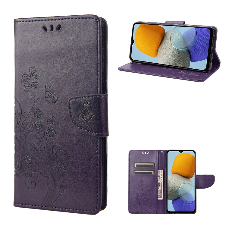 Dark purple butterfly-flower flip leather phone case with side kickstand and card slots
