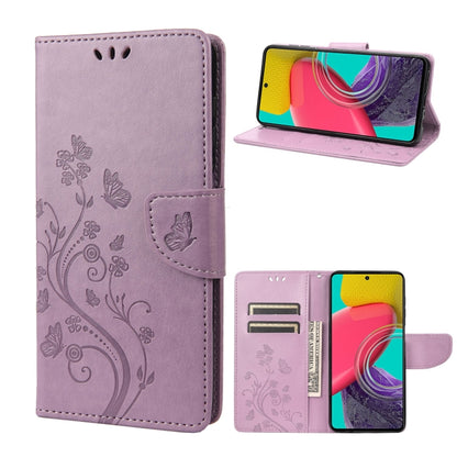 Light purple flip phone case with butterfly flower pattern and card slot detail