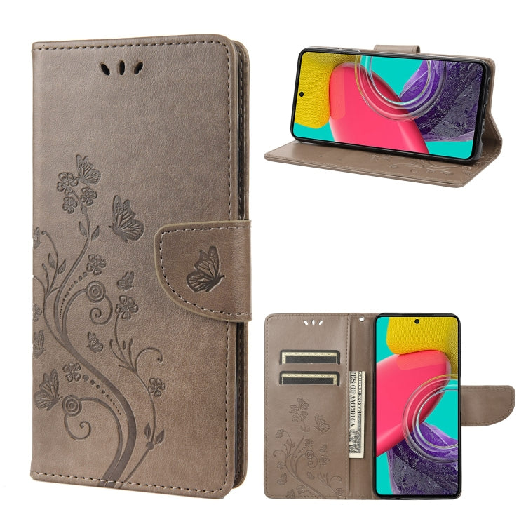 Flip leather phone case with butterfly-and-flower embossed pattern, gray, wallet pocket