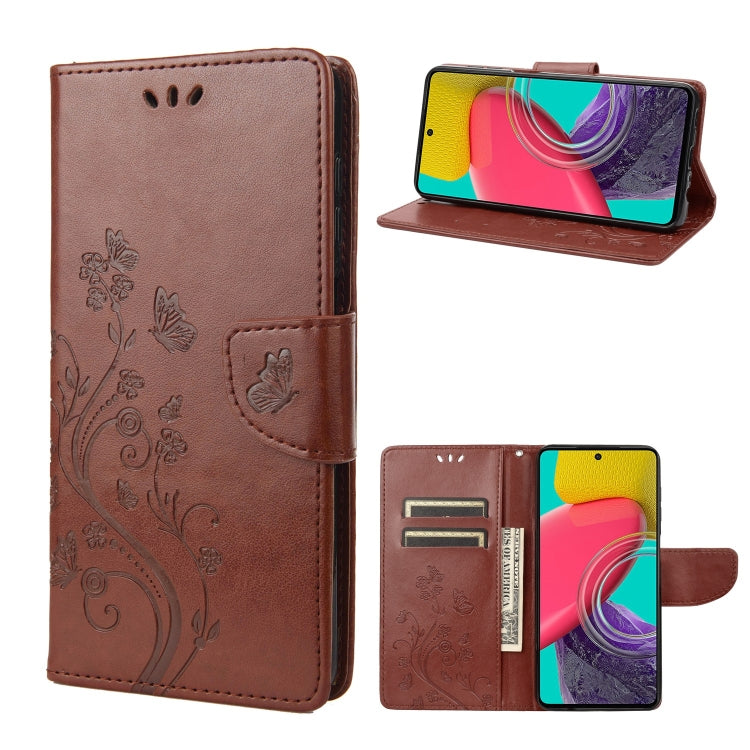 Flip leather phone case with butterfly-and-flower embossed pattern, brown, wallet cutouts
