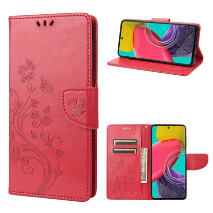 Red butterfly-flower flip leather phone case with side kickstand and card slots