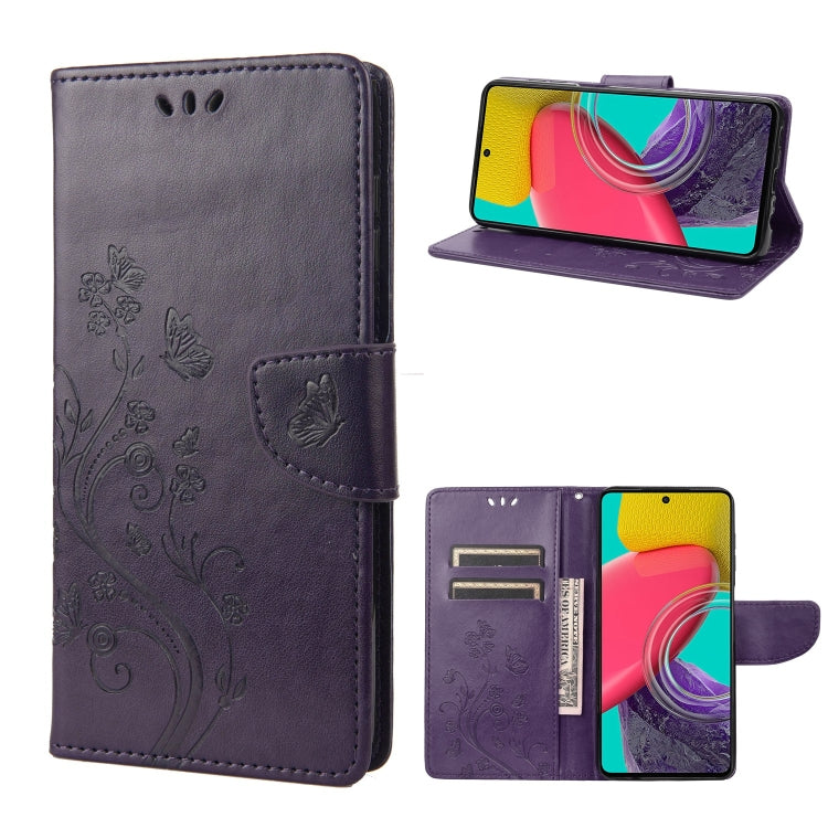 Dark purple butterfly-flower flip leather phone case with side kickstand and card slots