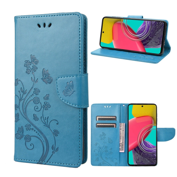 Light blue flip leather phone case with butterfly flower design and kickstand view