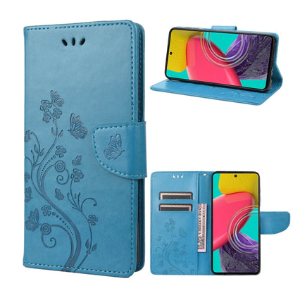 Light blue flip leather phone case with butterfly flower design and kickstand view