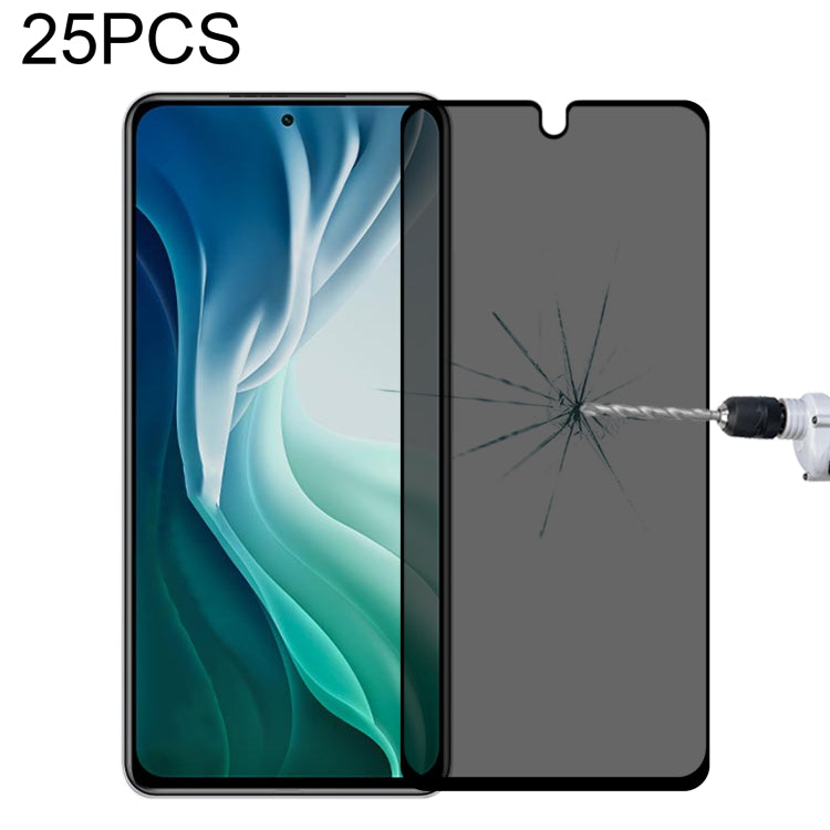 Tempered glass privacy screen protector film, full cover, 25-pack, covers phone with teal-blue display