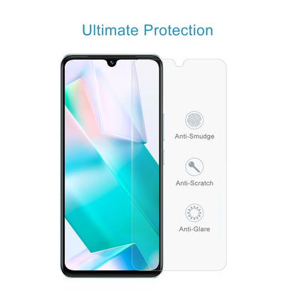 Tempered glass screen protector film for smartphone with anti-smudge, anti-scratch icons.