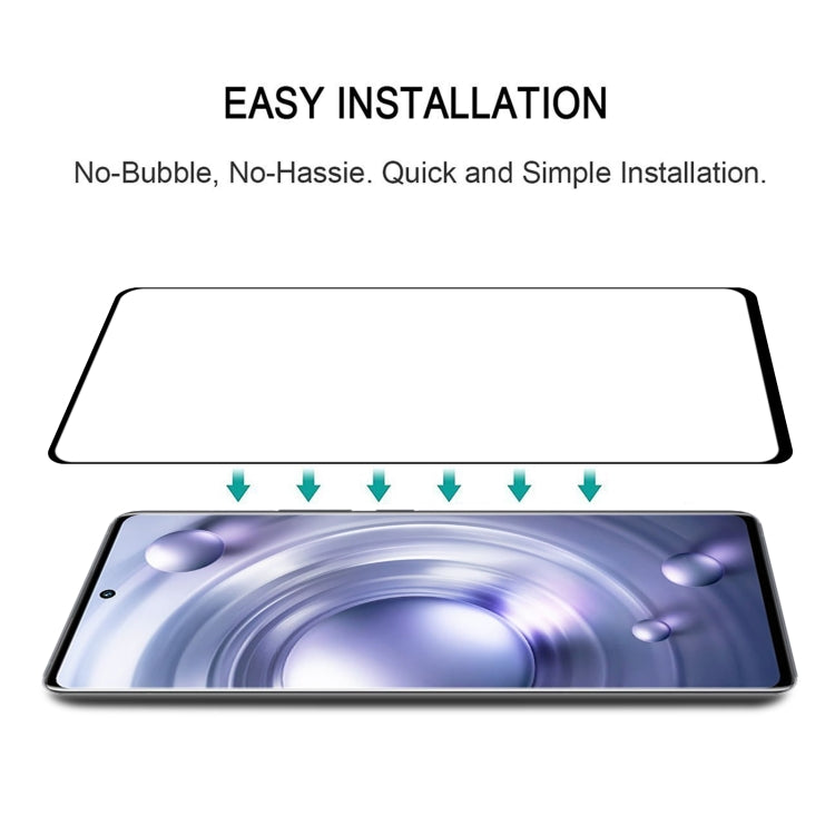 Tempered glass screen protector film positioned for easy, bubble-free installation