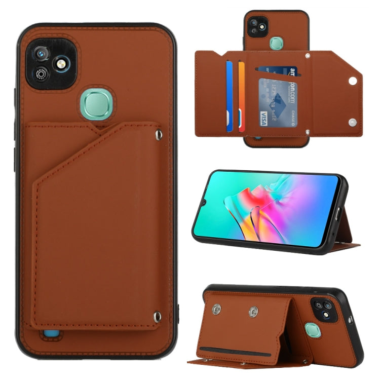 Brown PU leather phone case with card holder flap, teal button, and camera cutouts