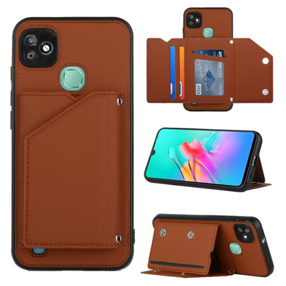 Brown PU leather phone case with card holder flap, teal button, and camera cutouts