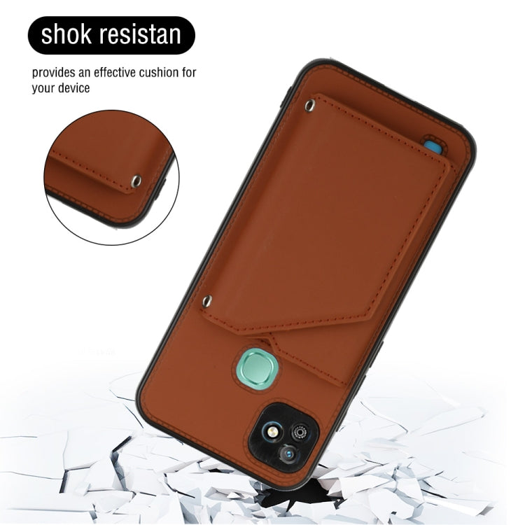 Brown folio phone case with teal snap button and stitched card pocket panel