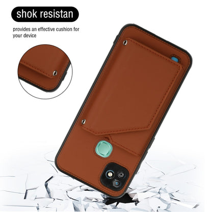 Brown folio phone case with teal snap button and stitched card pocket panel