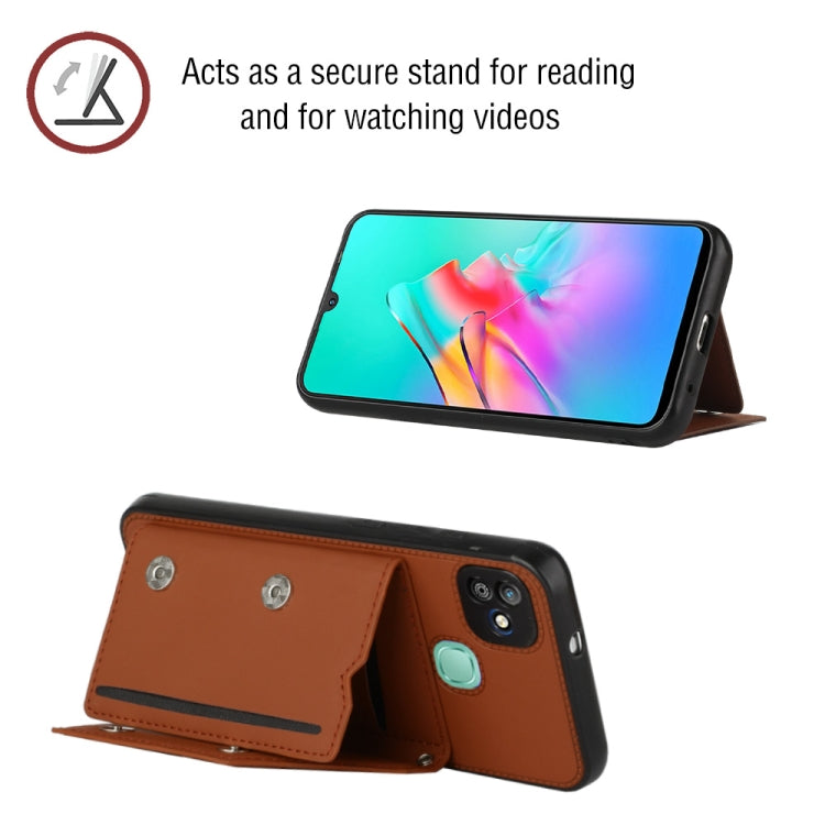Brown wallet-style phone case with flip stand for watching, teal snap button