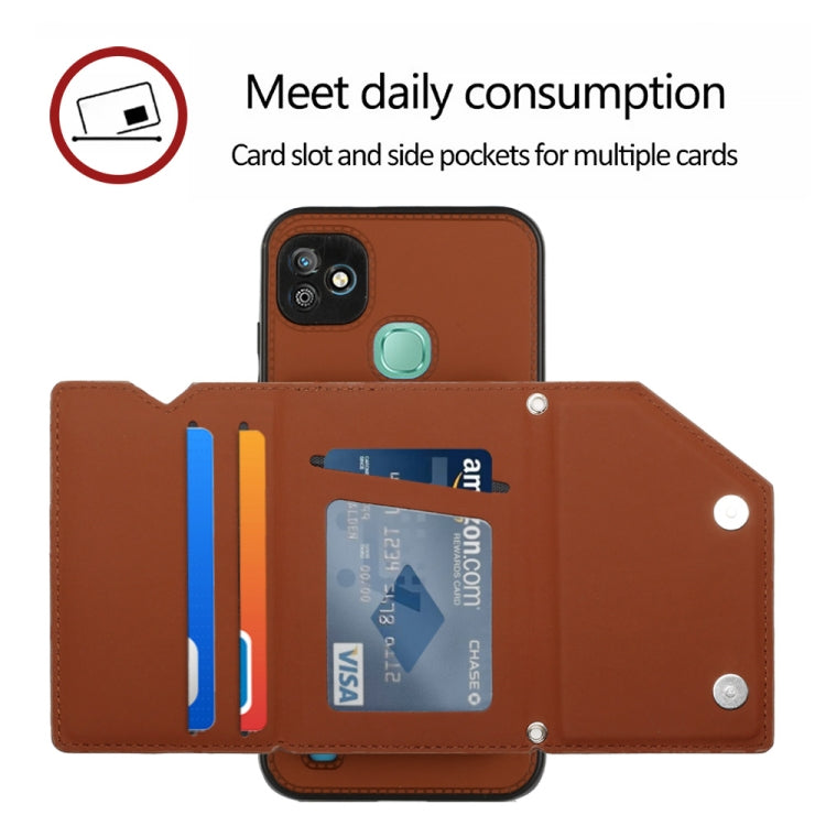 Brown PU wallet phone case with card slot and side pockets, teal snap button