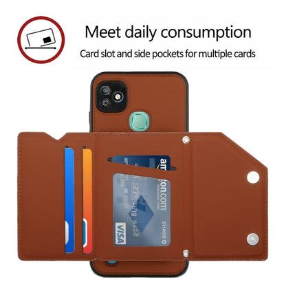 Brown PU wallet phone case with card slot and side pockets, teal snap button