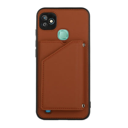 Brown PU leather phone case with teal snap button and vertical card pocket