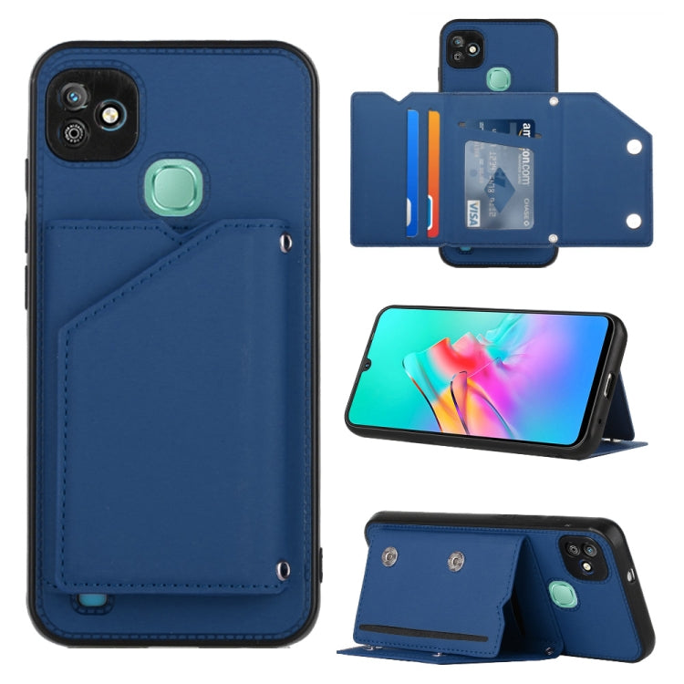 Blue PU leather phone case with card holder flap and teal snap button