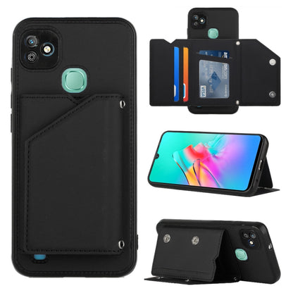 Black PU TPU PC phone case with card holder and kickstand, camera cutouts shown