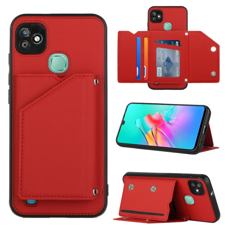 Red PU TPU PC phone case with card holder and kickstand, camera cutouts and button