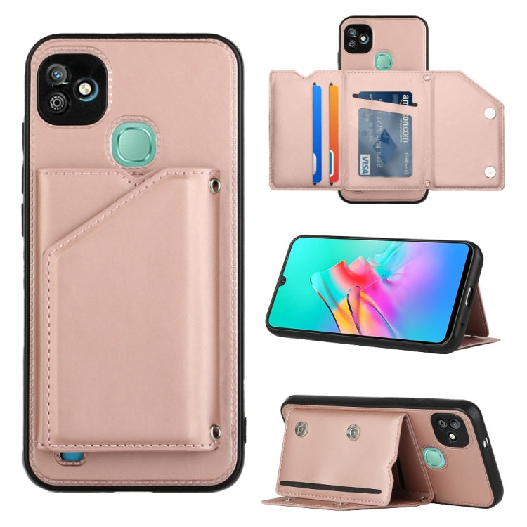 Rose gold PU TPU PC phone case with card holder and kickstand, camera cutouts visible