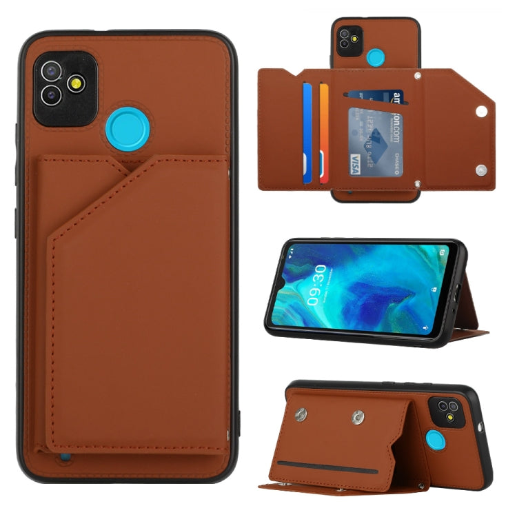 Brown wallet phone case with card slots, flip stand, and teal snap button