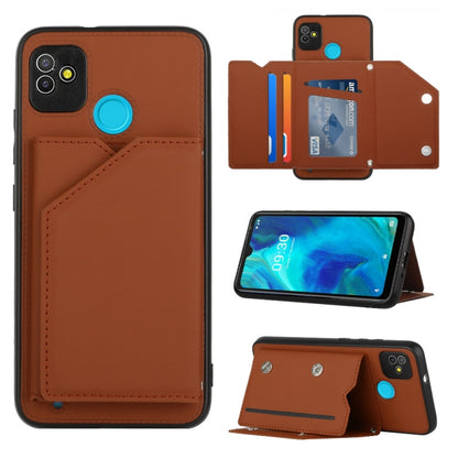 Brown wallet phone case with card slots, flip stand, and teal snap button