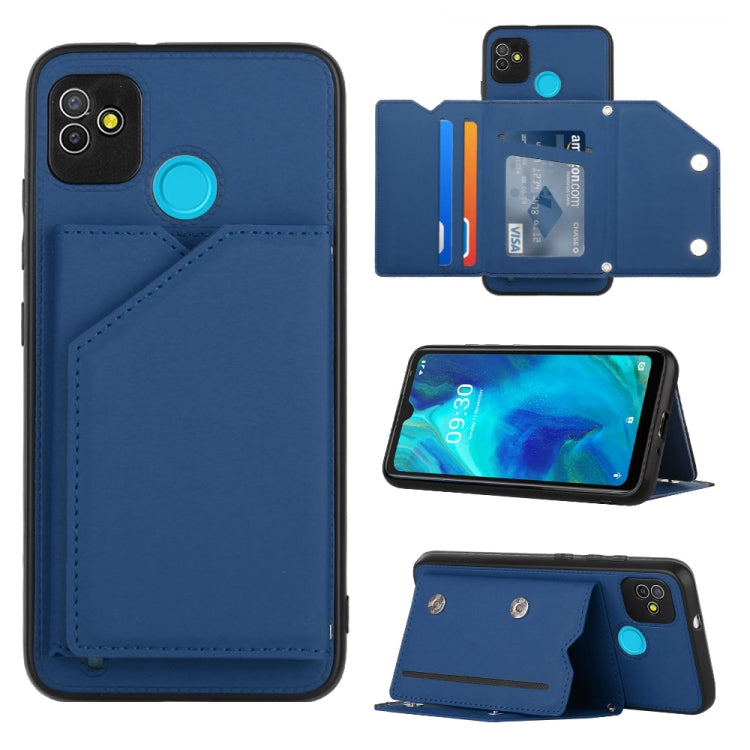 Blue PU TPU PC phone case with card holder and kickstand, visible camera cutouts