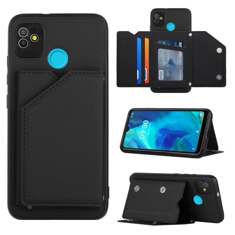 Black PU TPU PC phone case with card holder and kickstand, blue button detail