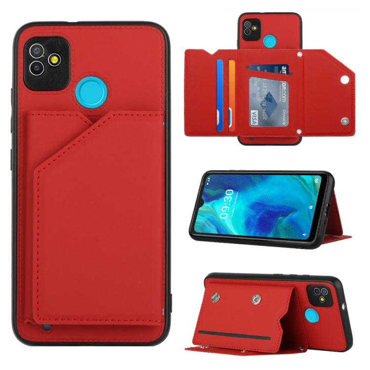 Red PU TPU PC phone case with card holder and kickstand, faux leather stitched design