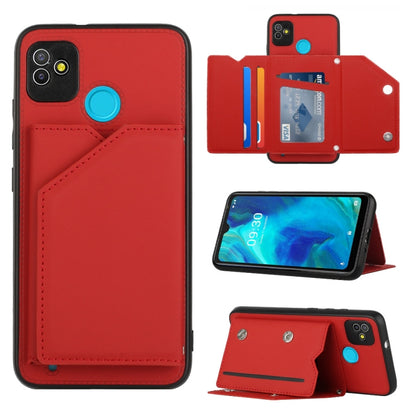Red PU TPU PC phone case with card holder and kickstand, faux leather stitched design