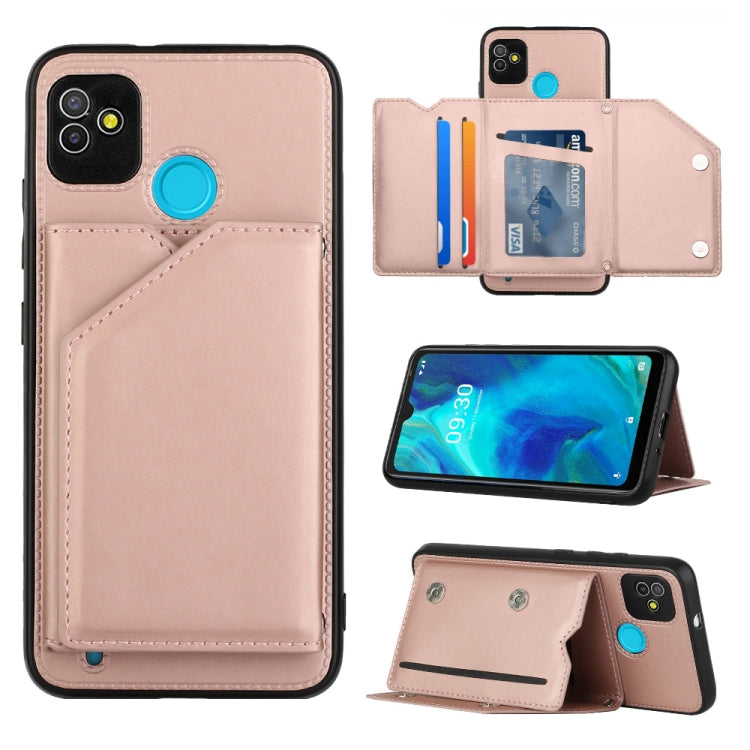 Rose gold PU TPU PC phone case with card holder and kickstand, stitched faux leather