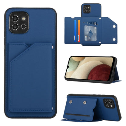 Blue PU TPU PC phone case with card slot and kickstand, textured faux leather cover