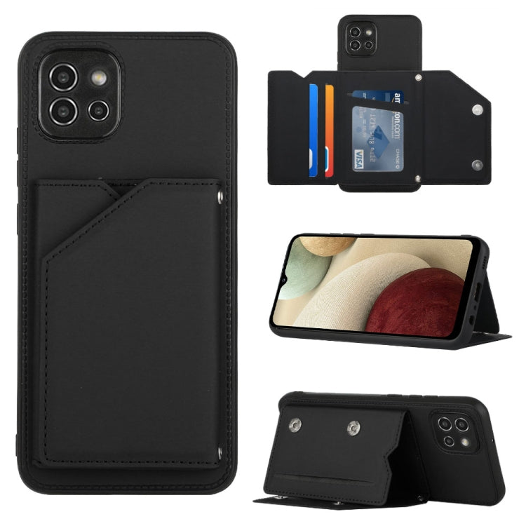 Black PU TPU PC phone case with card holder and flip kickstand, camera openings visible