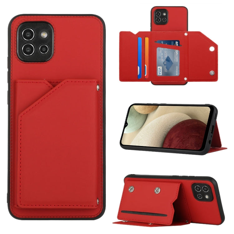 Red PU TPU PC phone case with card slot and kickstand, camera openings shown