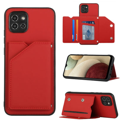Red PU TPU PC phone case with card slot and kickstand, camera openings shown