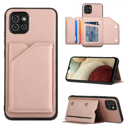 Rose-gold leather-style phone case with card slots and flip stand for smartphone