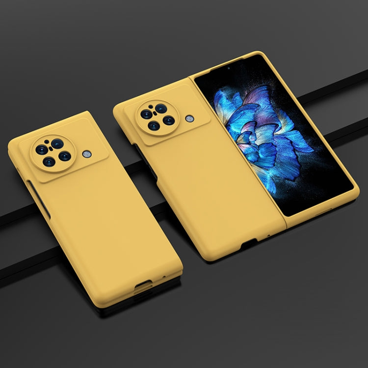 Yellow PC phone case for vivo X Fold with camera cutouts and side button openings