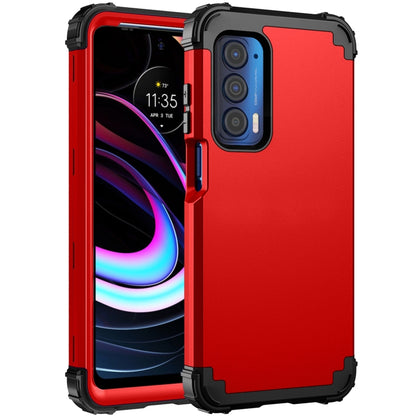 Red silicone phone case with black bumper, protective corners, camera lens openings