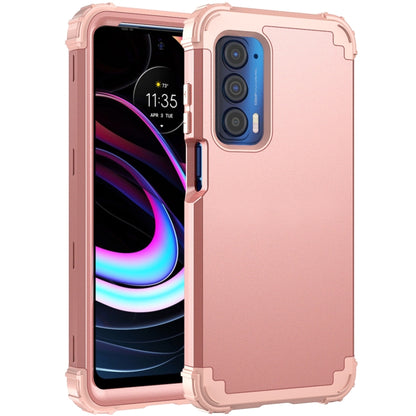 Rose gold silicone phone case with raised edge and camera cutout, front and back view