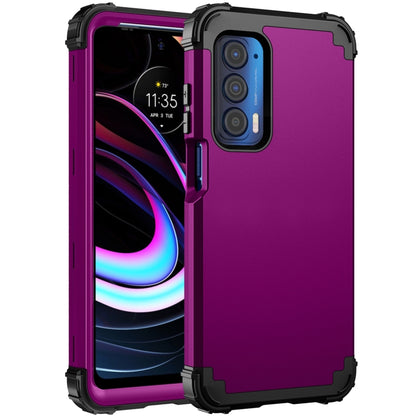 Rugged purple PC and silicone phone case with raised camera cutout, front and back