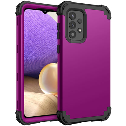 Rugged purple PC and silicone phone case with black bumper, front display visible