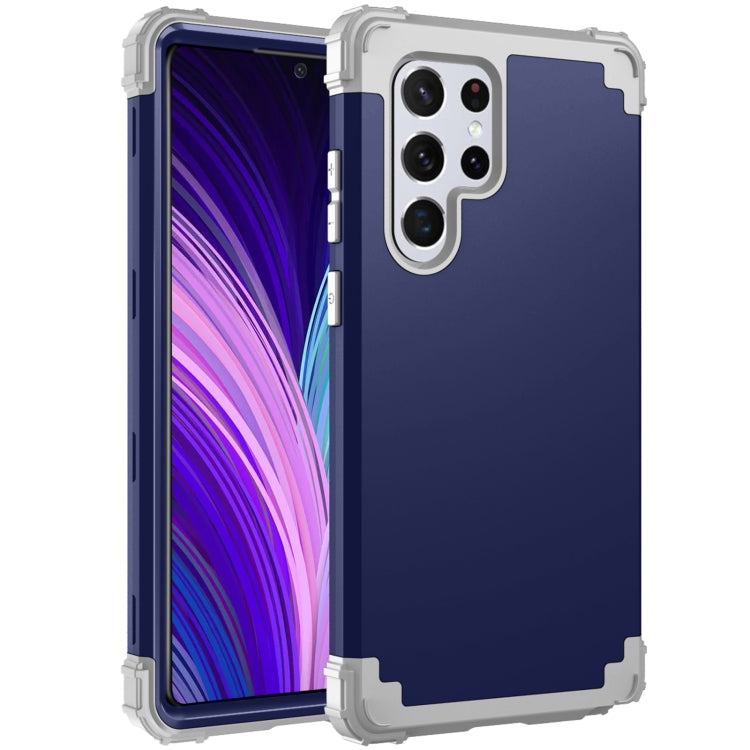 Navy blue phone case with gray bumper and multi-camera cutout