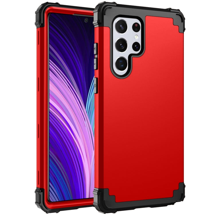 Red silicone phone case with black shockproof bumper and raised camera guard