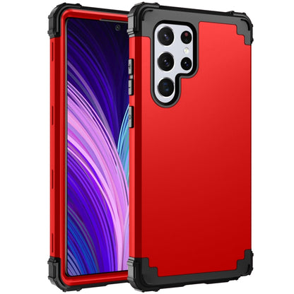 Red silicone phone case with black shockproof bumper and raised camera guard
