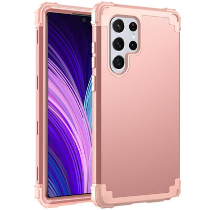 Rose gold silicone phone case with multi-camera cutout, rugged bumper design, front and back