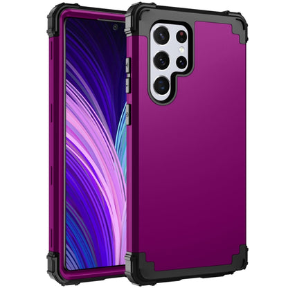 Rugged purple PC and silicone phone case with side button covers and camera openings