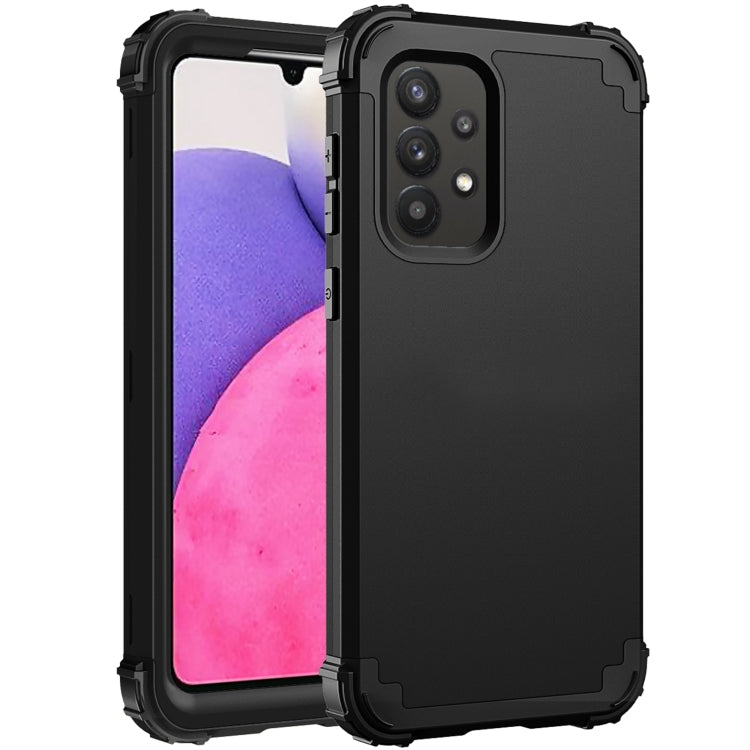 Rugged black PC and silicone phone case with raised camera cutout, front and back