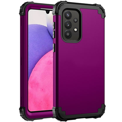 Rugged purple PC and silicone phone case with raised camera cutout, front and back