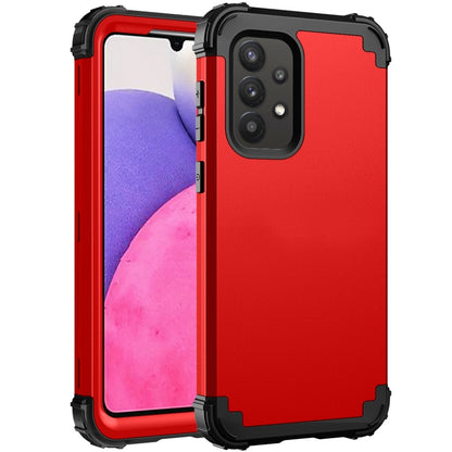 Red rugged silicone phone case with black bumper, camera lens cutouts