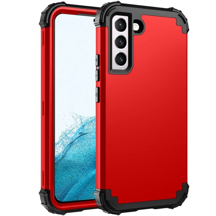 Red silicone phone case with black shockproof corners and camera opening